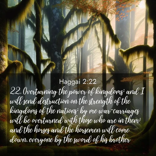 BasicEnglish Haggai  ; image nature: image with the bible verse :Overturning the power of kingdoms; and I will send destruction on the strength of the kingdoms of the nations; by me war-carriages will be overturned with those who are in them; and the horses and the horsemen will come down, everyone by the sword of his brother. ; Browse our library of beautiful Bible verse images, perfect for wallpapers or sharing. Each verse is paired with serene natural landscapes like misty mountains, calming beaches, and colorful sunsets. Download and enjoy verses such as KJV Haggai 2:22. Current verse is overlayed with the thematic nature scene : Autumn fog shrouds an old-growth forest draped in moss and lichen. ; 2:22