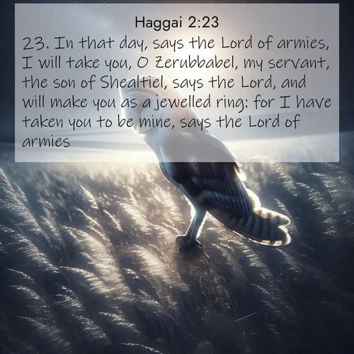 BasicEnglish Haggai  ; image nature: image with the bible verse :In that day, says the Lord of armies, I will take you, O Zerubbabel, my servant, the son of Shealtiel, says the Lord, and will make you as a jewelled ring: for I have taken you to be mine, says the Lord of armies. ; Browse an inspiring gallery of Bible verse images with nature photos, such as blooming gardens, golden deserts, and shaded forests. The chosen images capture the peaceful and joyful essence of God&#039;s creation, with vibrant colors and harmonious fonts. Share verses like KJV Haggai 2:23. Current verse is overlayed with the thematic nature scene : A barn owl quarters silent fields. Moonlight turns meadow grass to silver. ; 2:23