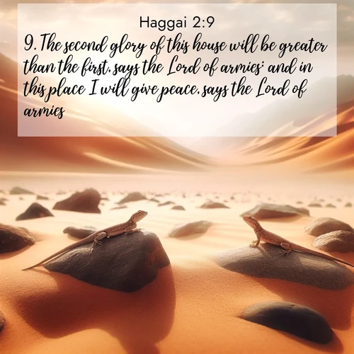 BasicEnglish Haggai  ; image nature: image with the bible verse :The second glory of this house will be greater than the first, says the Lord of armies: and in this place I will give peace, says the Lord of armies. ; Dive into our collection of Bible verses paired with coastal scenes, featuring calming waves, infinite beaches, and reflections of the sun on the water. These images evoke the peace and beauty of God. Share verses like KJV Haggai 2:9. Current verse is overlayed with the thematic nature scene : Desert lizards bask on sun-hot rocks. Heat mirages dance like water. ; 2:9