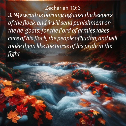 BasicEnglish Zechariah  ; image nature: image with the bible verse :My wrath is burning against the keepers of the flock, and I will send punishment on the he-goats: for the Lord of armies takes care of his flock, the people of Judah, and will make them like the horse of his pride in the fight. ; Discover our unique collection of Bible verse images integrated with photos showcasing the majesty of nature, such as rocky mountains, ancient trees, and crystal-clear lakes. These images feature luminous colors and text in varied fonts, reflecting the harmony of God&#039;s creation. Download verses like KJV Zechariah 10:3. Current verse is overlayed with the thematic nature scene : Autumn leaves swirl in eddies along a mountain stream. ; 10:3