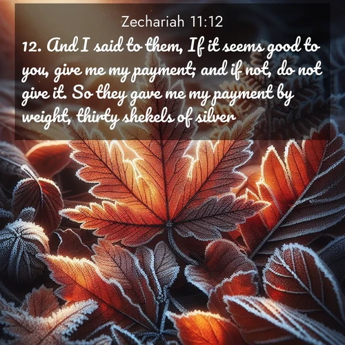 BBE Zechariah 11:12 overlaying nature image scene: Autumn frost rims fallen leaves with crystal.;12. And I said to them, If it seems good to you, give me my payment; and if not, do not give it. So they gave me my payment by weight, thirty shekels of silver.