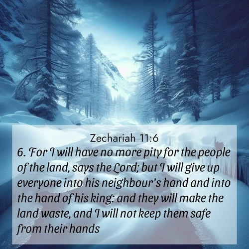 BBE Zechariah 11:6 overlaying nature image scene: A mountain stream disappears beneath winter ice. Its song continues in hidden chambers.;6. For I will have no more pity for the people of the land, says the Lord; but I will give up everyone into his neighbour's hand and into the hand of his king: and they will make the land waste, and I will not keep them safe from their hands.