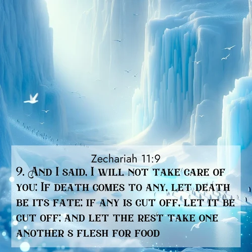 BBE Zechariah 11:9 overlaying nature image scene: Antarctic ice cliffs glow blue in the endless polar day. A penguin colony dots the frozen shore below.;9. And I said, I will not take care of you: If death comes to any, let death be its fate; if any is cut off, let it be cut off; and let the rest take one another's flesh for food.