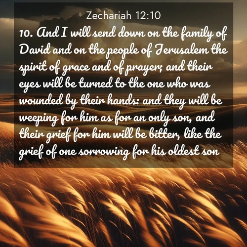 BasicEnglish Zechariah  ; image nature: image with the bible verse :And I will send down on the family of David and on the people of Jerusalem the spirit of grace and of prayer; and their eyes will be turned to the one who was wounded by their hands: and they will be weeping for him as for an only son, and their grief for him will be bitter, like the grief of one sorrowing for his oldest son. ; Access a vast collection of Bible verse images illustrated with natural landscapes like calm rivers, blooming fields, and bright horizons. These images emphasize the serenity and splendor of God&#039;s creation, accompanied by aesthetic fonts and joyful colors. Download verses like KJV Zechariah 12:10 and share them. Current verse is overlayed with the thematic nature scene : Prairie grass waves like a golden ocean. Storm clouds build towers on the horizon. ; 12:10