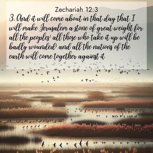BasicEnglish Zechariah  ; image nature: image with the bible verse :And it will come about in that day that I will make Jerusalem a stone of great weight for all the peoples; all those who take it up will be badly wounded; and all the nations of the earth will come together against it. ; Explore Bible verses paired with beach photos, where waves gently crash on the sand and the sky glows with pastel hues at sunset. These scenes convey deep serenity. Download verses like KJV Zechariah 12:3. Current verse is overlayed with the thematic nature scene : Spring migration fills marshlands with calling birds. ; 12:3