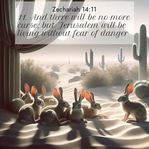 BasicEnglish Zechariah  ; image nature: image with the bible verse :And there will be no more curse; but Jerusalem will be living without fear of danger. ; Explore a spring collection of Bible images, with landscapes of green hills, wildflowers, and crystal-clear streams. These images symbolize the blossoming of God&#039;s creation. Download verses like KJV Zechariah 14:11. Current verse is overlayed with the thematic nature scene : Desert jackrabbits rest in cactus shade. Heat waves distort distant peaks. ; 14:11