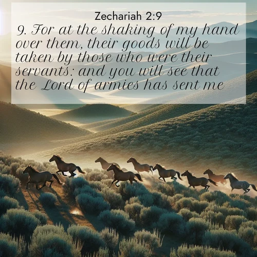 BBE Zechariah 2:9 overlaying nature image scene: Wild mustangs gallop across sage-covered hills in the morning light.;9. For at the shaking of my hand over them, their goods will be taken by those who were their servants: and you will see that the Lord of armies has sent me.