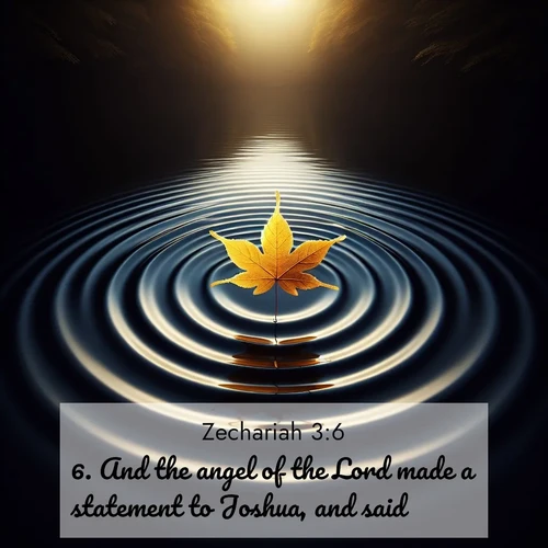 BBE Zechariah 3:6 overlaying nature image scene: A single maple leaf floats on black water. Concentric ripples spread outward into infinity.;6. And the angel of the Lord made a statement to Joshua, and said,
