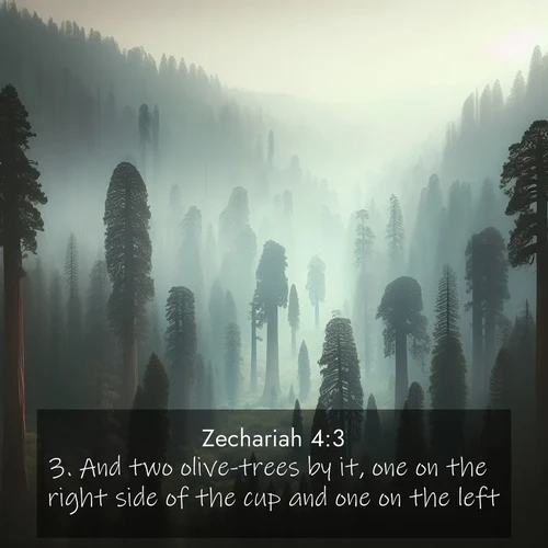 BasicEnglish Zechariah  ; image nature: image with the bible verse :And two olive-trees by it, one on the right side of the cup and one on the left. ; Browse Bible images illustrated by desert landscapes, with endless skies, golden dunes, and isolated palm trees. These images evoke the calm and grandeur of God&#039;s creation. Download inspiring verses like KJV Zechariah 4:3. Current verse is overlayed with the thematic nature scene : Ancient sequoias pierce through valley fog. Centuries of growth reach for filtered light. ; 4:3