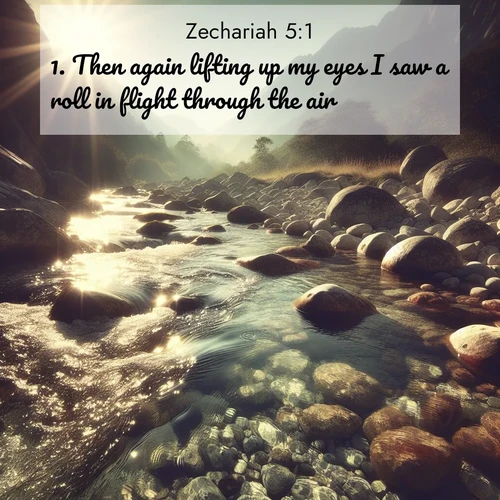 BBE Zechariah 5:1 overlaying nature image scene: Mountain streams sing ancient songs. Sunlight dances through clear pools.;1. Then again lifting up my eyes I saw a roll in flight through the air.