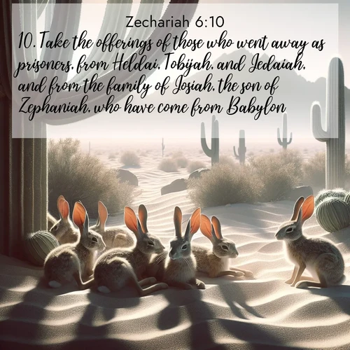BasicEnglish Zechariah  ; image nature: image with the bible verse :Take the offerings of those who went away as prisoners, from Heldai, Tobijah, and Jedaiah, and from the family of Josiah, the son of Zephaniah, who have come from Babylon; ; Explore a collection of free Bible verse images paired with serene landscapes like golden beaches, verdant forests, and clear blue skies. Each image is ideal for desktop or phone wallpapers. Share verses like KJV Zechariah 6:10. Current verse is overlayed with the thematic nature scene : Desert jackrabbits rest in cactus shade. Heat waves distort distant peaks. ; 6:10