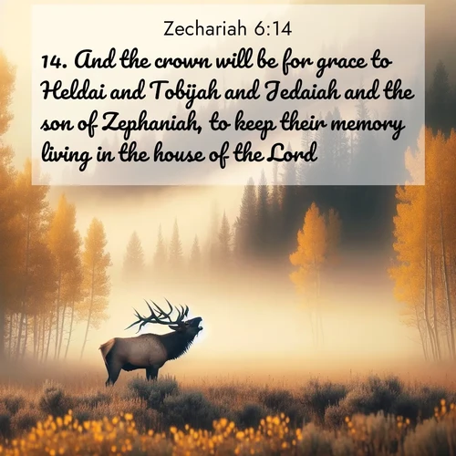 BasicEnglish Zechariah  ; image nature: image with the bible verse :And the crown will be for grace to Heldai and Tobijah and Jedaiah and the son of Zephaniah, to keep their memory living in the house of the Lord. ; Explore a collection of inspiring Bible verse images accompanied by winter photos, such as snowy landscapes, frosted trees, and frozen lakes. These images reflect the peace and purity of God&#039;s creation, with elegant fonts and luminous colors. Download and share verses like KJV Zechariah 6:14. Current verse is overlayed with the thematic nature scene : A bull elk bugles across a misty valley. Aspen leaves quake golden in response. ; 6:14