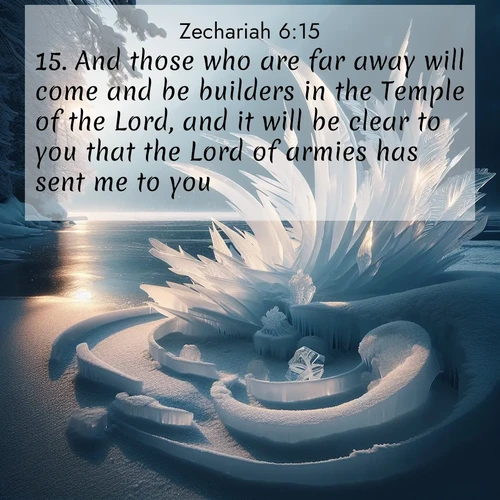 BasicEnglish Zechariah  ; image nature: image with the bible verse :And those who are far away will come and be builders in the Temple of the Lord, and it will be clear to you that the Lord of armies has sent me to you. ; Dive into a gallery of Bible verses illustrated by tropical beach scenes, featuring sparkling waves, seashells, and radiant sunrises. These images evoke divine peace and joy. Download and share inspiring verses like KJV Zechariah 6:15. Current verse is overlayed with the thematic nature scene : Winter ice forms abstract sculptures along a lake shore. ; 6:15