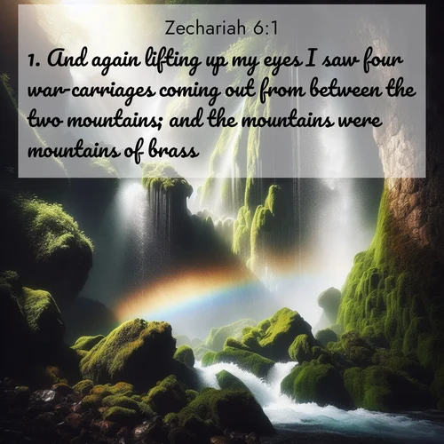 BasicEnglish Zechariah  ; image nature: image with the bible verse :And again lifting up my eyes I saw four war-carriages coming out from between the two mountains; and the mountains were mountains of brass. ; Explore a rich collection of Bible verse images beautifully illustrated by natural landscapes, such as colorful skies, towering mountains, and tranquil rivers. The images highlight the serenity of God&#039;s creation with vivid tones and carefully chosen typography. Download and share inspiring verses like KJV Zechariah 6:1. Current verse is overlayed with the thematic nature scene : A waterfall thunders through ancient moss-covered rocks while rainbow mist rises where water meets stone. ; 6:1