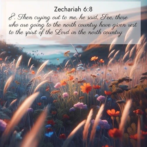 BasicEnglish Zechariah  ; image nature: image with the bible verse :Then crying out to me, he said, See, those who are going to the north country have given rest to the spirit of the Lord in the north country. ; Explore our gallery of inspiring Bible verse images showcasing divine beauty through nature. Download scenic images like snowy peaks, lush meadows, or radiant sunsets paired with verses like KJV Zechariah 6:8. Current verse is overlayed with the thematic nature scene : Summer wildflowers wave in the breeze on coastal bluffs. ; 6:8