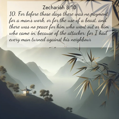 BasicEnglish Zechariah  ; image nature: image with the bible verse :For before those days there was no payment for a man&#039;s work, or for the use of a beast, and there was no peace for him who went out or him who came in, because of the attacker: for I had every man turned against his neighbour. ; Explore an exceptional collection of Bible verse images accompanied by photos of nature, showcasing snowy mountains, serene forests, and still lakes. These images feature luminous tones and varied fonts to bring serenity and inspiration. Share uplifting verses like KJV Zechariah 8:10. Current verse is overlayed with the thematic nature scene : Bamboo leaves whisper secrets in mountain wind. A temple bell rings in the distance. ; 8:10