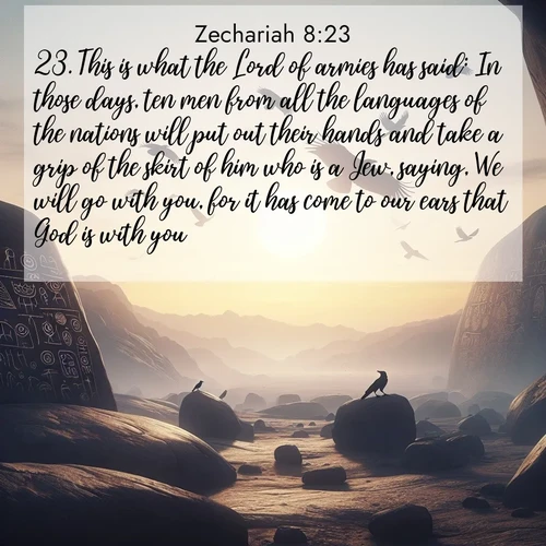 BasicEnglish Zechariah  ; image nature: image with the bible verse :This is what the Lord of armies has said: In those days, ten men from all the languages of the nations will put out their hands and take a grip of the skirt of him who is a Jew, saying, We will go with you, for it has come to our ears that God is with you. ; Browse high-resolution Bible verse images featuring stunning nature photography, such as radiant sunsets, tranquil rivers, and blooming fields. Perfect for wallpapers or sharing on social media. Download KJV Zechariah 8:23. Current verse is overlayed with the thematic nature scene : Desert petroglyphs tell ancient stories. Ravens soar past wearing shadows for wings. ; 8:23