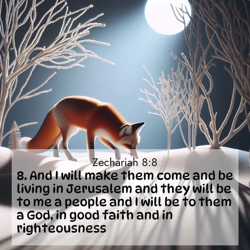 BasicEnglish Zechariah  ; image nature: image with the bible verse :And I will make them come and be living in Jerusalem and they will be to me a people and I will be to them a God, in good faith and in righteousness. ; Access a vast collection of Bible verse images illustrated with natural landscapes like calm rivers, blooming fields, and bright horizons. These images emphasize the serenity and splendor of God&#039;s creation, accompanied by aesthetic fonts and joyful colors. Download verses like KJV Zechariah 8:8 and share them. Current verse is overlayed with the thematic nature scene : A red fox hunts through pristine snow. Moon shadows dance between bare trees. ; 8:8