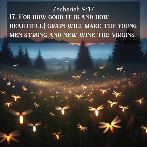 BasicEnglish Zechariah  ; image nature: image with the bible verse :For how good it is and how beautiful! grain will make the young men strong and new wine the virgins. ; Dive into our collection of Bible verses paired with coastal scenes, featuring calming waves, infinite beaches, and reflections of the sun on the water. These images evoke the peace and beauty of God. Share verses like KJV Zechariah 9:17. Current verse is overlayed with the thematic nature scene : Lightning bugs rise from summer meadows at dusk. Their lights dance like earthbound stars. ; 9:17