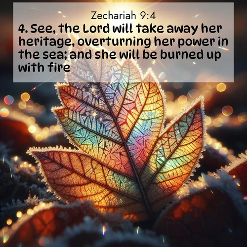 BasicEnglish Zechariah  ; image nature: image with the bible verse :See, the Lord will take away her heritage, overturning her power in the sea; and she will be burned up with fire. ; Explore a stunning collection of Bible verse images featuring picturesque scenery like sun-drenched meadows, tranquil lakes, and majestic forests. All images are free to download and share. Verses include KJV Zechariah 9:4. Current verse is overlayed with the thematic nature scene : Frost crystals form intricate patterns on a fallen leaf. Morning sun transforms them into rainbow prisms. ; 9:4