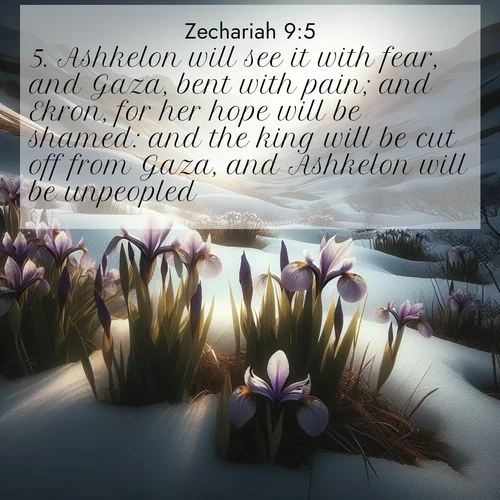 BasicEnglish Zechariah  ; image nature: image with the bible verse :Ashkelon will see it with fear, and Gaza, bent with pain; and Ekron, for her hope will be shamed: and the king will be cut off from Gaza, and Ashkelon will be unpeopled. ; Explore Bible verse images highlighting the beauty of spring, with vibrant flowers, butterflies, and blossoming fruit trees. These scenes evoke divine hope and renewal. Download inspiring verses like KJV Zechariah 9:5. Current verse is overlayed with the thematic nature scene : Wild irises pierce winter&#039;s last snow. Alpine light sets their petals ablaze. ; 9:5