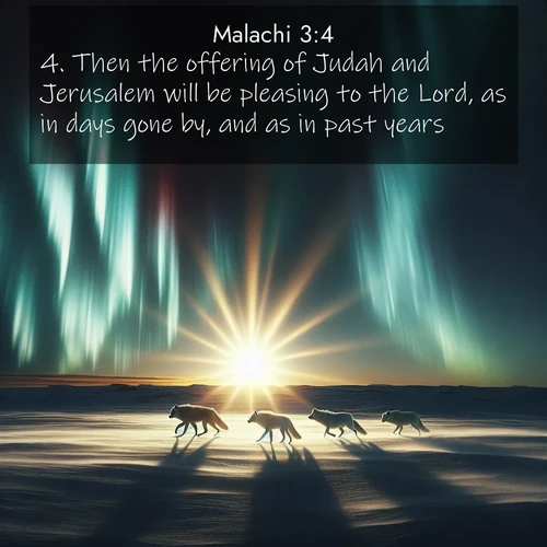 BBE Malachi 3:4 overlaying nature image scene: Arctic wolves traverse windswept tundra. Northern lights paint their fur in shifting colors.;4. Then the offering of Judah and Jerusalem will be pleasing to the Lord, as in days gone by, and as in past years.
