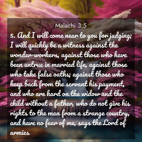 BBE Malachi 3:5 overlaying nature image scene: A spring cascade plunges into a pool surrounded by flowering dogwood.;5. And I will come near to you for judging; I will quickly be a witness against the wonder-workers, against those who have been untrue in married life, against those who take false oaths; against those who keep back from the servant his payment, and who are hard on the widow and the child without a father, who do not give his rights to the man from a strange country, and have no fear of me, says the Lord of armies.