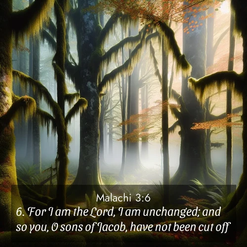 BBE Malachi 3:6 overlaying nature image scene: Autumn fog shrouds an old-growth forest draped in moss and lichen.;6. For I am the Lord, I am unchanged; and so you, O sons of Jacob, have not been cut off.