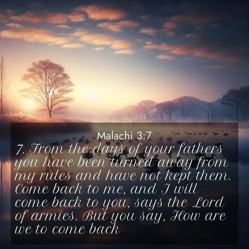 BBE Malachi 3:7 overlaying nature image scene: Wild geese rest on still waters. Dawn mist rises like dreams.;7. From the days of your fathers you have been turned away from my rules and have not kept them. Come back to me, and I will come back to you, says the Lord of armies. But you say, How are we to come back?