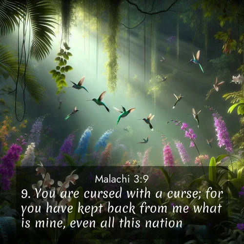 BBE Malachi 3:9 overlaying nature image scene: Wild orchids bloom in a rainforest canopy. Hummingbirds dart between the delicate flowers.;9. You are cursed with a curse; for you have kept back from me what is mine, even all this nation.