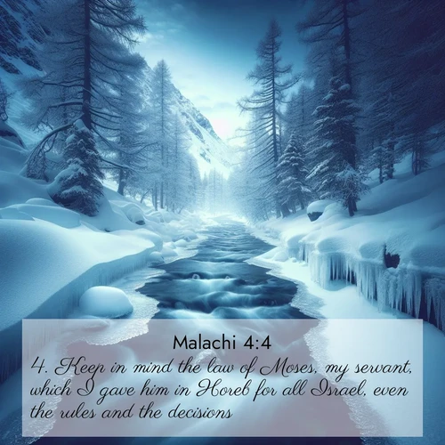 BBE Malachi 4:4 overlaying nature image scene: A mountain stream disappears beneath winter ice. Its song continues in hidden chambers.;4. Keep in mind the law of Moses, my servant, which I gave him in Horeb for all Israel, even the rules and the decisions.