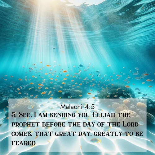 BBE Malachi 4:5 overlaying nature image scene: Reef fish swirl in perfect formation through crystal waters. Sunlight creates shifting patterns on white sand below.;5. See, I am sending you Elijah the prophet before the day of the Lord comes, that great day, greatly to be feared.