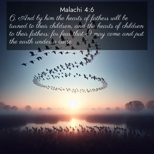 BBE Malachi 4:6 overlaying nature image scene: Wild geese arrow through dawn sky. Their calls wake sleeping marshes.;6. And by him the hearts of fathers will be turned to their children, and the hearts of children to their fathers; for fear that I may come and put the earth under a curse.