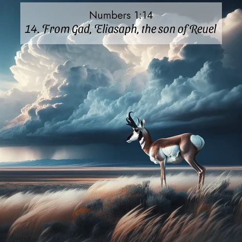 BasicEnglish Numbers  ; image nature: image with the bible verse :From Gad, Eliasaph, the son of Reuel; ; Download inspiring Bible verse images featuring stunning natural vistas, from tropical islands to rolling hills. These free images make perfect wallpapers or gifts. Share verses like KJV Numbers 1:14. Current verse is overlayed with the thematic nature scene : A pronghorn pauses on wind-swept plains. Storm clouds build dark towers above. ; 1:14