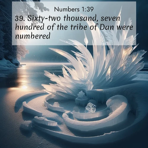 BasicEnglish Numbers  ; image nature: image with the bible verse :Sixty-two thousand, seven hundred of the tribe of Dan were numbered. ; Admire our free collection of Bible verse images with beautiful landscapes like sunlit forests, rippling waters, and radiant dawns. Each verse, such as KJV Numbers 1:39, is ready to download and share. Current verse is overlayed with the thematic nature scene : Winter ice forms abstract sculptures along a lake shore. ; 1:39