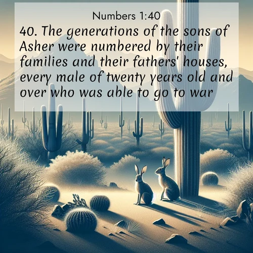BasicEnglish Numbers  ; image nature: image with the bible verse :The generations of the sons of Asher were numbered by their families and their fathers&#039; houses, every male of twenty years old and over who was able to go to war; ; Explore a gallery of beautiful Bible verse images with tranquil natural settings—perfect for phone backgrounds or inspirational posts. Download your favorite verses like KJV Numbers 1:40 today. Current verse is overlayed with the thematic nature scene : Desert jackrabbits pause in saguaro shade. Heat waves distort distant peaks. ; 1:40