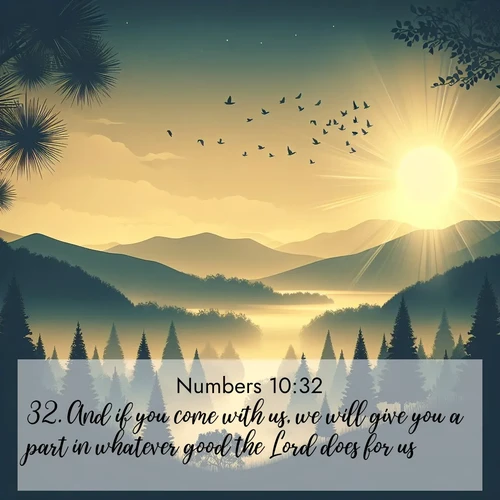 BasicEnglish Numbers  ; image nature: image with the bible verse :And if you come with us, we will give you a part in whatever good the Lord does for us. ; Admire Bible images representing autumn, with swirling leaves, misty skies, and vibrant trees. These images inspire profound spiritual reflection. Download and share verses like KJV Numbers 10:32. Current verse is overlayed with the thematic nature scene : Morning mist reveals hidden valleys. Birdsong heralds the dawn. ; 10:32