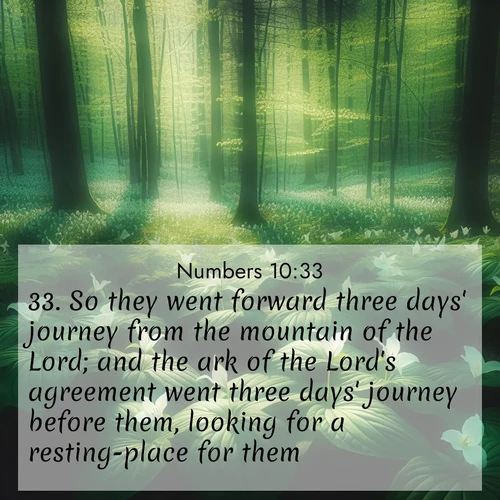 BasicEnglish Numbers  ; image nature: image with the bible verse :So they went forward three days&#039; journey from the mountain of the Lord; and the ark of the Lord&#039;s agreement went three days&#039; journey before them, looking for a resting-place for them; ; Explore our gallery of inspiring Bible verse images showcasing divine beauty through nature. Download scenic images like snowy peaks, lush meadows, or radiant sunsets paired with verses like KJV Numbers 10:33. Current verse is overlayed with the thematic nature scene : Wild trillium dots the forest floor. Green light filters through spring leaves. ; 10:33