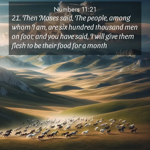 BBE Numbers 11:21 overlaying nature image scene: Wild horses gallop across a high mountain plateau. Storm clouds gather ominously on the horizon.;21. Then Moses said, The people, among whom I am, are six hundred thousand men on foot; and you have said, I will give them flesh to be their food for a month.
