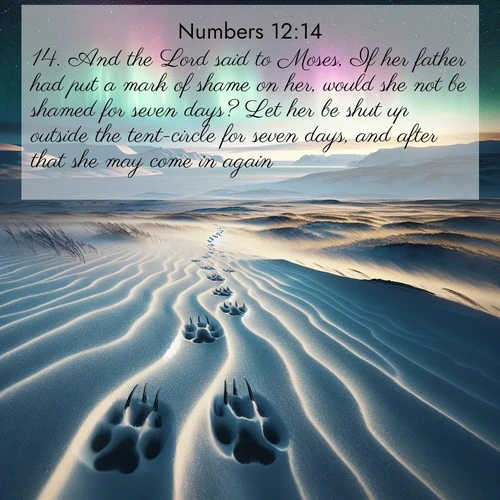 BasicEnglish Numbers  ; image nature: image with the bible verse :And the Lord said to Moses, If her father had put a mark of shame on her, would she not be shamed for seven days? Let her be shut up outside the tent-circle for seven days, and after that she may come in again. ; Discover breathtaking Bible verse images combined with vibrant landscapes like rolling hills, blooming gardens, and starry nights. Use them as wallpapers or to inspire others. Download verses like KJV Numbers 12:14. Current verse is overlayed with the thematic nature scene : Arctic fox tracks cross windswept tundra. Northern lights pulse overhead in cosmic rhythm. ; 12:14