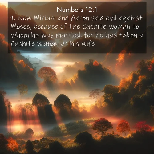 BasicEnglish Numbers  ; image nature: image with the bible verse :Now Miriam and Aaron said evil against Moses, because of the Cushite woman to whom he was married, for he had taken a Cushite woman as his wife. ; Download Bible verse images featuring vibrant photos of nature, from snowy landscapes to golden deserts. These free images are perfect for phone wallpapers, desktop backgrounds, or sharing. Verses include KJV Numbers 12:1. Current verse is overlayed with the thematic nature scene : Autumn mist rises from warming morning valleys. ; 12:1