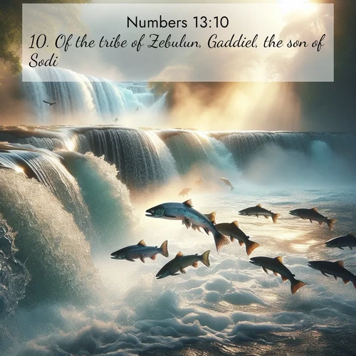 BBE Numbers 13:10 overlaying nature image scene: Wild salmon leap ancient waterfalls. Mist rises like spirits in morning light.;10. Of the tribe of Zebulun, Gaddiel, the son of Sodi.