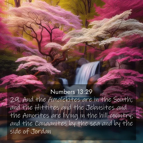 BBE Numbers 13:29 overlaying nature image scene: A spring cascade plunges into a pool surrounded by flowering dogwood.;29. And the Amalekites are in the South; and the Hittites and the Jebusites and the Amorites are living in the hill-country; and the Canaanites by the sea and by the side of Jordan.
