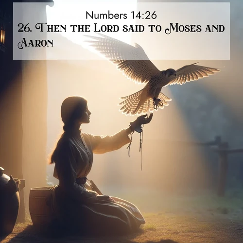BasicEnglish Numbers  ; image nature: image with the bible verse :Then the Lord said to Moses and Aaron, ; Admire Bible images evoking autumn, with warm colors of fallen leaves, harvested fields, and tranquil woods. These inspiring landscapes reflect the transition and beauty of God&#039;s creation. Download verses like KJV Numbers 14:26. Current verse is overlayed with the thematic nature scene : A falconer releases his bird. Wind lifts magnificent wings. ; 14:26