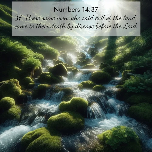 BasicEnglish Numbers  ; image nature: image with the bible verse :Those same men who said evil of the land, came to their death by disease before the Lord. ; Explore winter-themed Bible verse images illustrated by snowy mountains, frost-covered branches, and clear skies. These landscapes reflect divine purity and peace. Download verses like KJV Numbers 14:37. Current verse is overlayed with the thematic nature scene : Mountain streams tumble through moss. Sunlight creates crystal prisms. ; 14:37