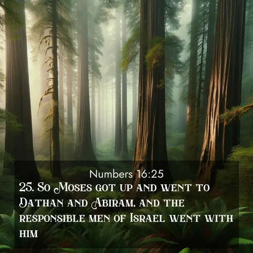BasicEnglish Numbers  ; image nature: image with the bible verse :So Moses got up and went to Dathan and Abiram, and the responsible men of Israel went with him. ; Explore an exceptional collection of Bible verse images accompanied by photos of nature, showcasing snowy mountains, serene forests, and still lakes. These images feature luminous tones and varied fonts to bring serenity and inspiration. Share uplifting verses like KJV Numbers 16:25. Current verse is overlayed with the thematic nature scene : Coastal redwoods disappear into the fog high above a fern grove. ; 16:25