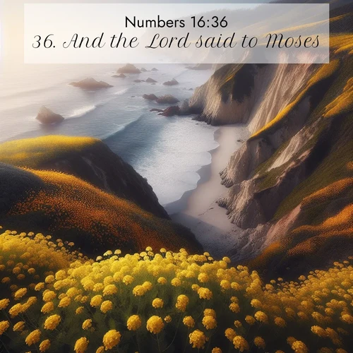 BasicEnglish Numbers  ; image nature: image with the bible verse :And the Lord said to Moses, ; Dive into a gallery of Bible verses illustrated by tropical beach scenes, featuring sparkling waves, seashells, and radiant sunrises. These images evoke divine peace and joy. Download and share inspiring verses like KJV Numbers 16:36. Current verse is overlayed with the thematic nature scene : Wild mustard carpets coastal cliffs. Ocean waves provide rhythm below. ; 16:36