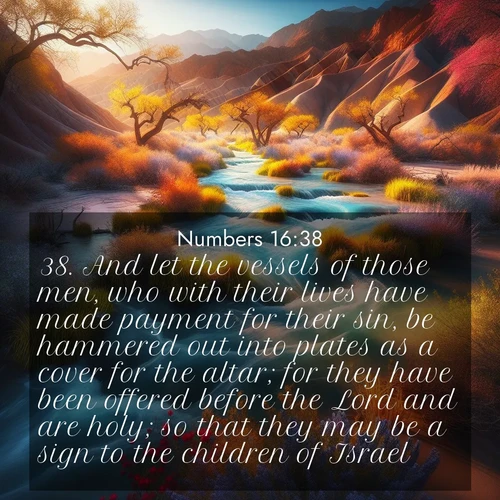 BasicEnglish Numbers  ; image nature: image with the bible verse :And let the vessels of those men, who with their lives have made payment for their sin, be hammered out into plates as a cover for the altar; for they have been offered before the Lord and are holy; so that they may be a sign to the children of Israel. ; Download inspiring Bible verse images featuring stunning natural vistas, from tropical islands to rolling hills. These free images make perfect wallpapers or gifts. Share verses like KJV Numbers 16:38. Current verse is overlayed with the thematic nature scene : Spring floods transform desert arroyos into rushing streams. ; 16:38