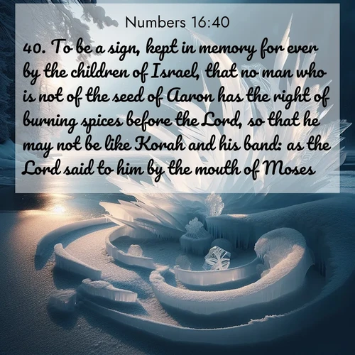 BasicEnglish Numbers  ; image nature: image with the bible verse :To be a sign, kept in memory for ever by the children of Israel, that no man who is not of the seed of Aaron has the right of burning spices before the Lord, so that he may not be like Korah and his band: as the Lord said to him by the mouth of Moses. ; Browse high-resolution Bible verse images featuring stunning nature photography, such as radiant sunsets, tranquil rivers, and blooming fields. Perfect for wallpapers or sharing on social media. Download KJV Numbers 16:40. Current verse is overlayed with the thematic nature scene : Winter ice forms abstract sculptures along a lake shore. ; 16:40