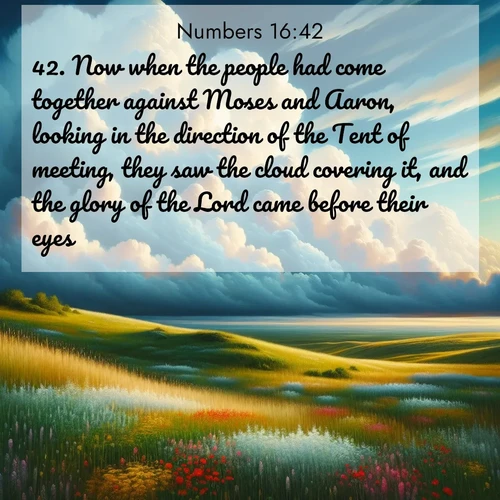BasicEnglish Numbers  ; image nature: image with the bible verse :Now when the people had come together against Moses and Aaron, looking in the direction of the Tent of meeting, they saw the cloud covering it, and the glory of the Lord came before their eyes. ; Browse beautiful Bible verse images accompanied by peaceful scenes like calm seas, ancient forests, and radiant horizons. Download high-quality, free images featuring verses such as KJV Numbers 16:42. Current verse is overlayed with the thematic nature scene : Summer thunderheads build over grasslands dotted with wildflowers. ; 16:42